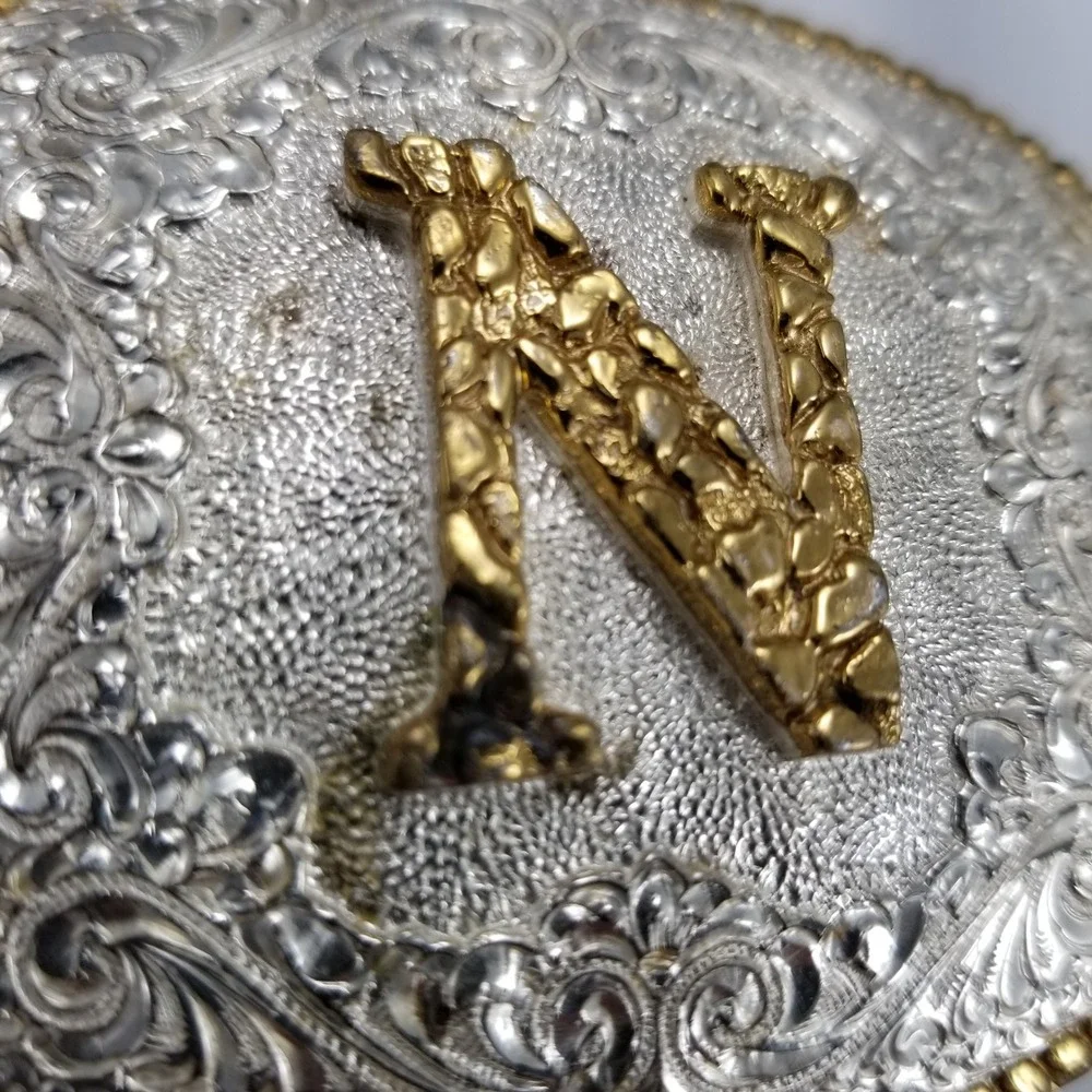 Crumrine Mfg Western Belt Buckle Initial N Silver Gold Tone Floral Engraved Oval